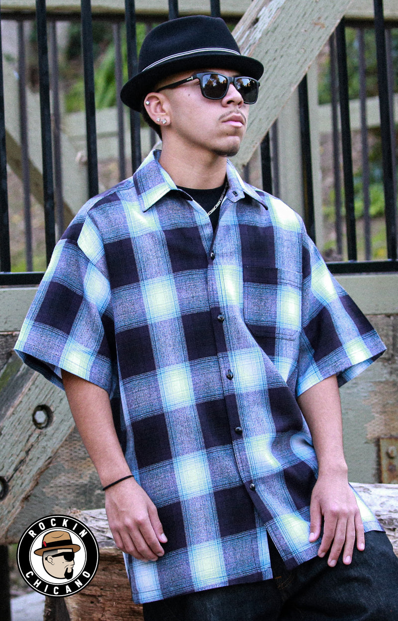 SHORT SLEEVE PLAID BUTTON UP SHIRT- Dark Navy with Blues