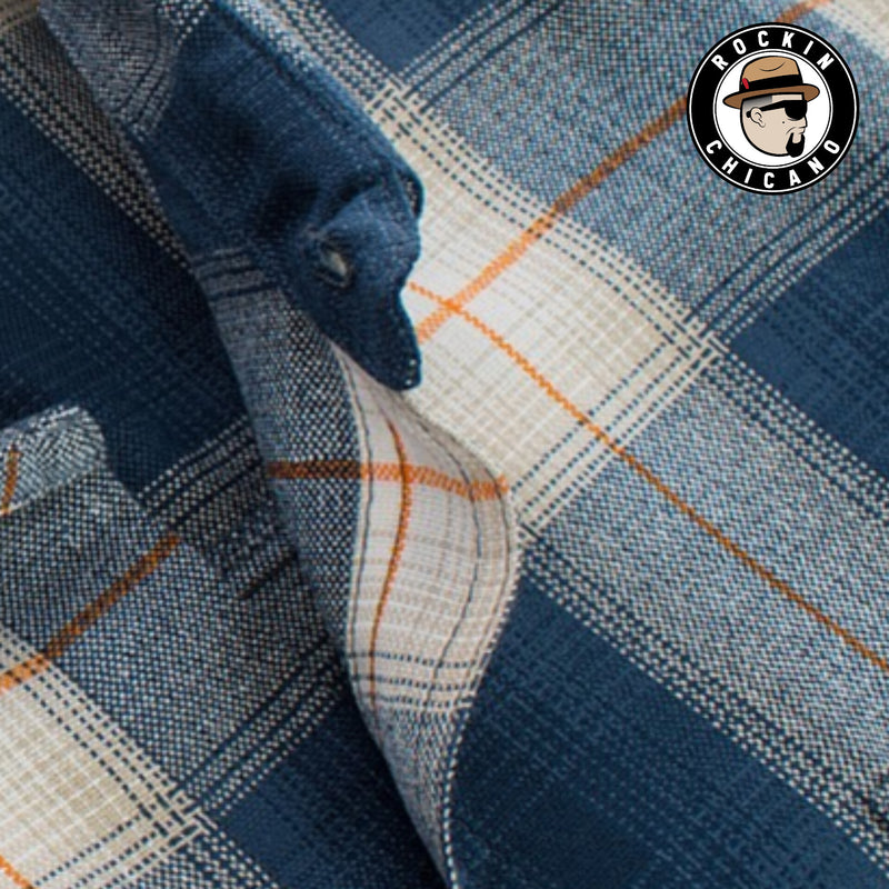 SHORT SLEEVE PLAID BUTTON UP SHIRT-BLUE/ ORANGE