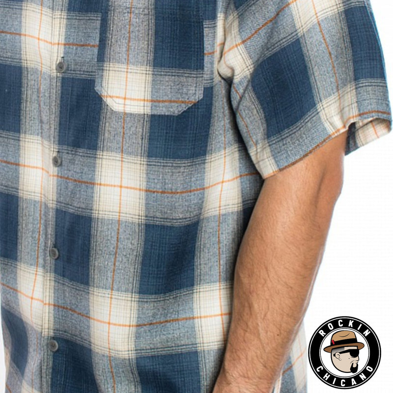 SHORT SLEEVE PLAID BUTTON UP SHIRT-BLUE/ ORANGE