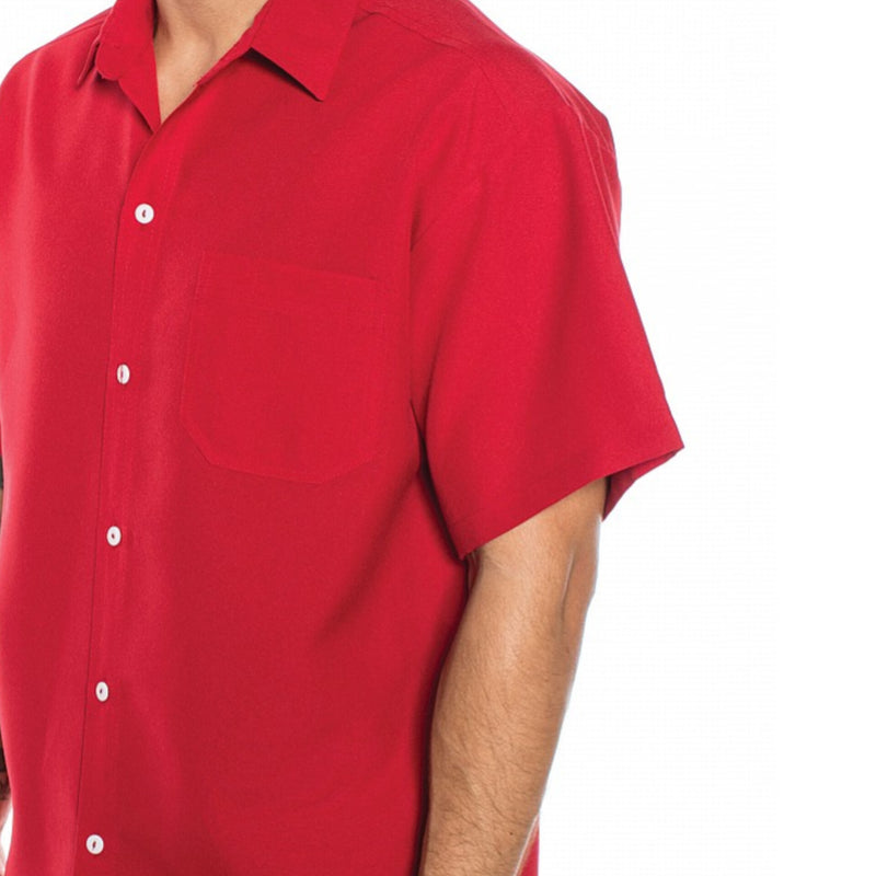 SOLID COLOR SHORT SLEEVE BUTTON UP SHIRT- RED