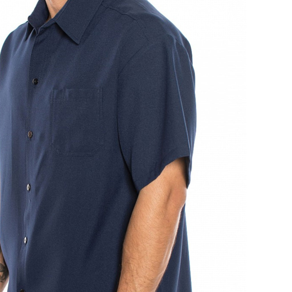 SOLID COLOR SHORT SLEEVE BUTTON UP SHIRT- NAVY